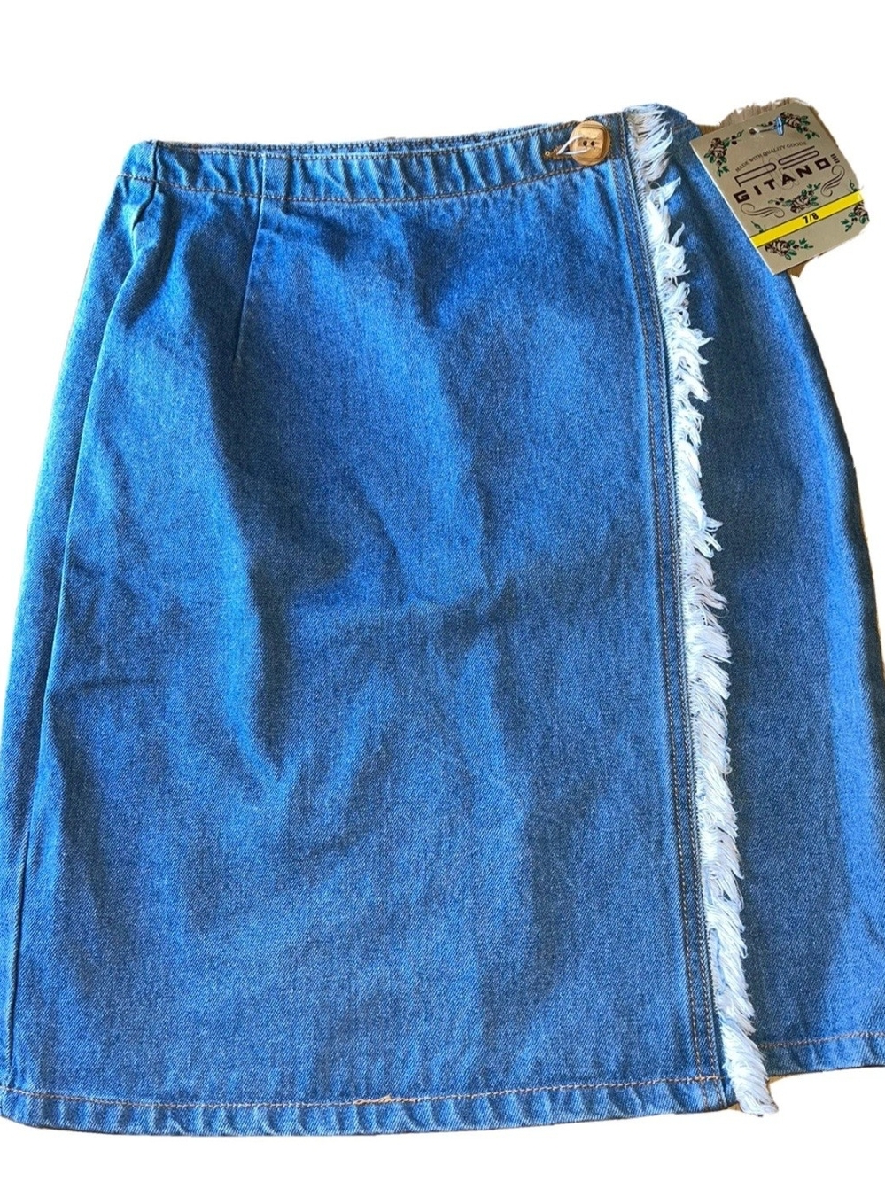 NEW VTG Gitano Blue Denim Fringed Wrap Midi Skirt. Size 13/14
